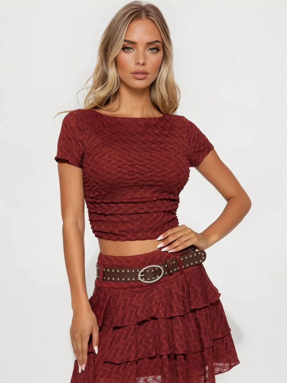 Fashion Nova Burgundy Textured Tiered Mini Skirt